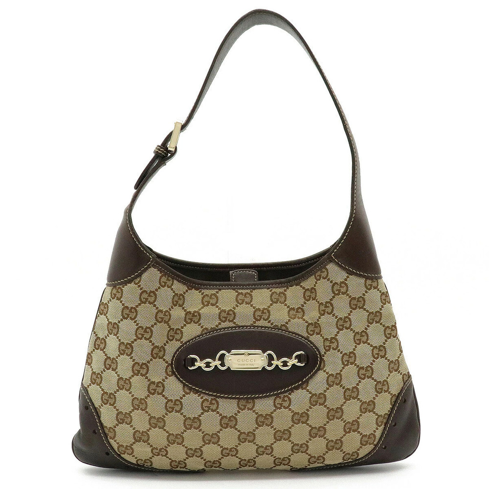 Gucci GG Canvas Shoulder Bag Hobo Leather Beige Brown Cream